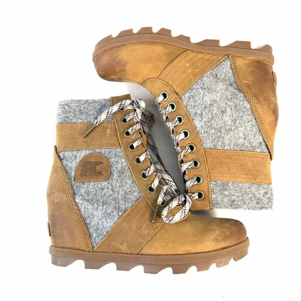 Sorel Lexie Wedge Boots Wool Felt Camel Leather NL3376-224 Women's Size 8.5
